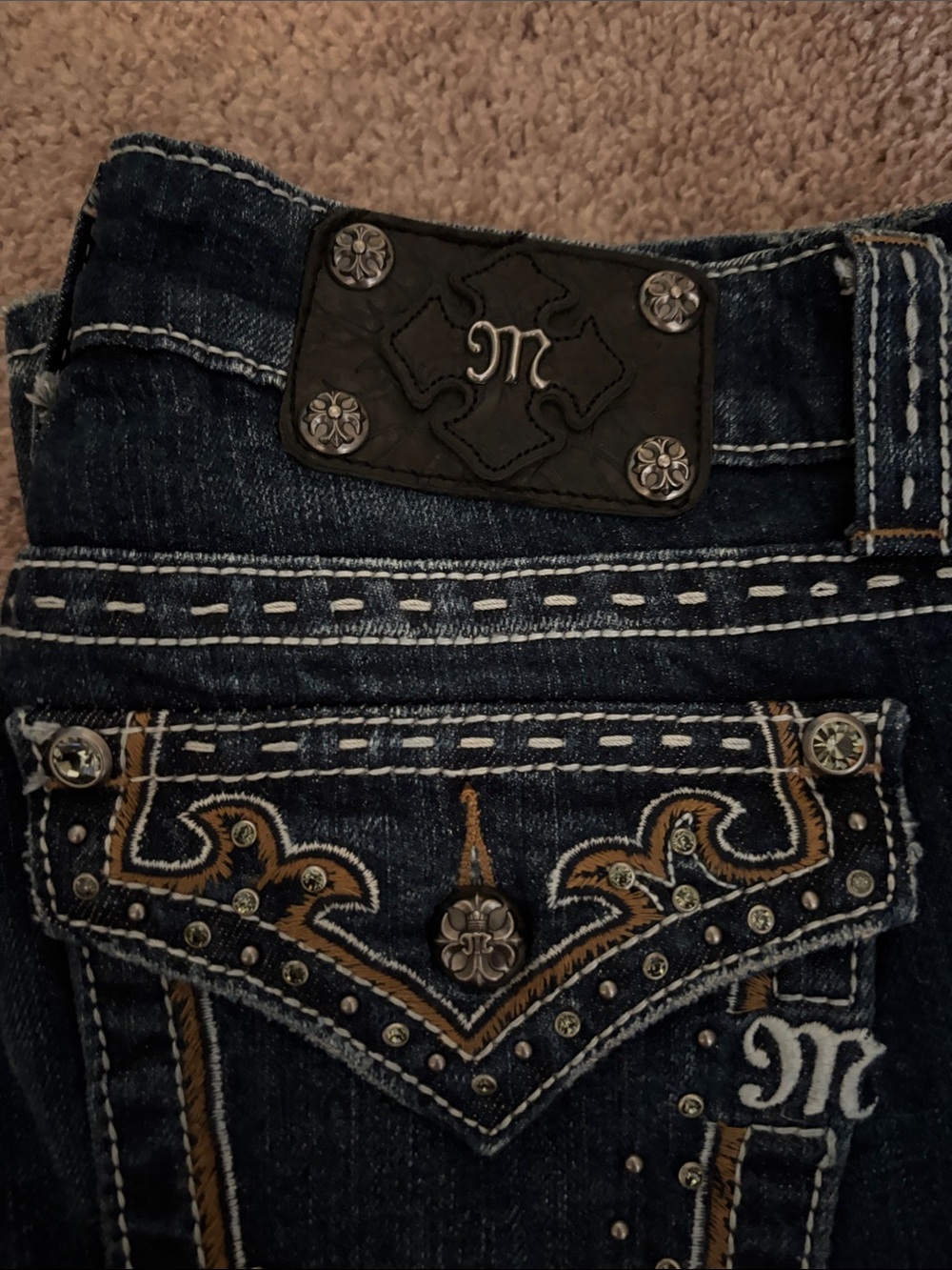 Miss Me Dark Indigo Bootcut Jeans with Gold Embroidery and Studs - Picture 2 of 13